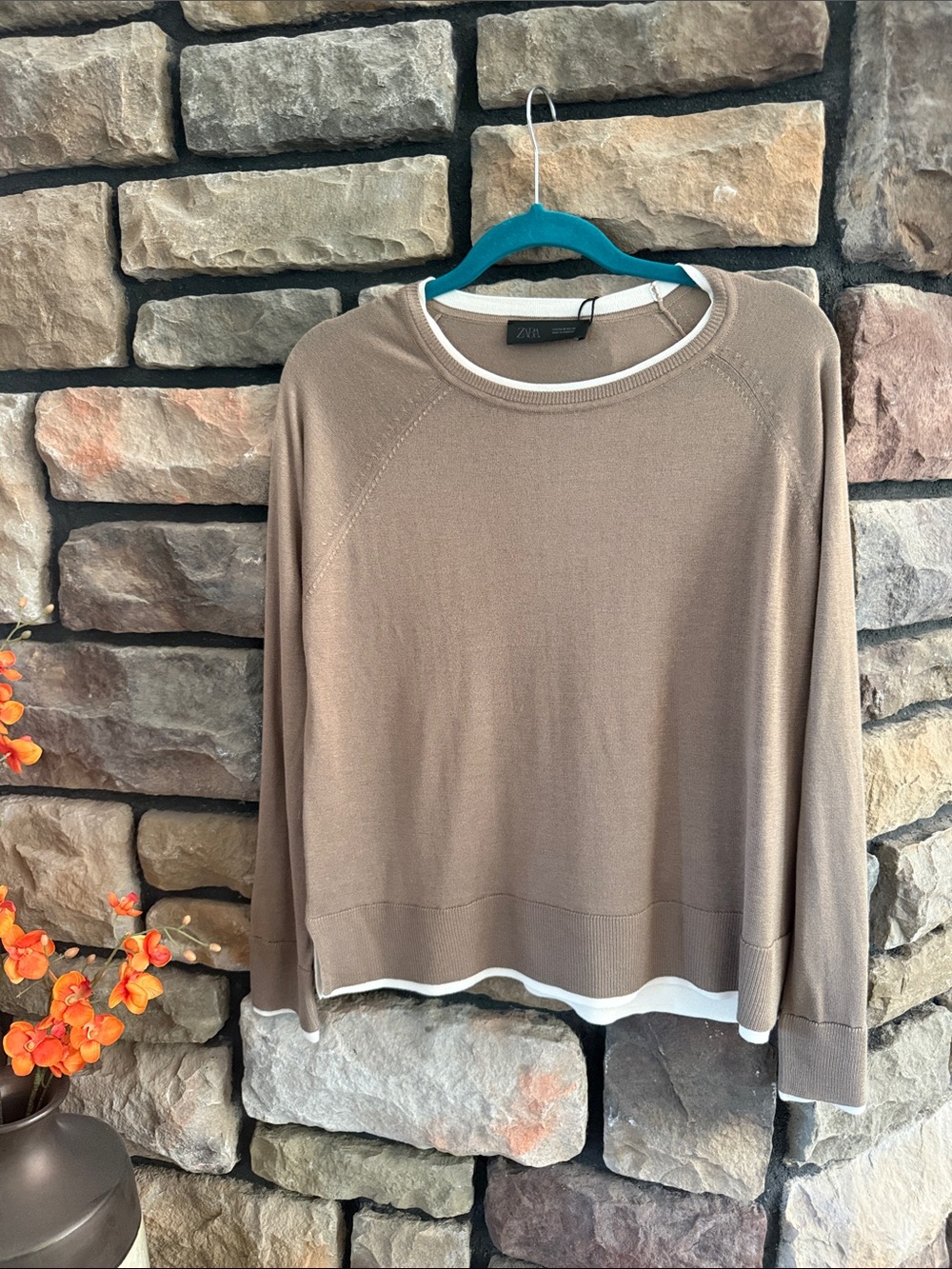 Zara Taupe Crewneck Sweater with White Trim